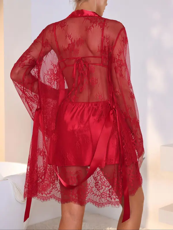 Women's Solid Lace Cami Nightdress & Sexy Robe Lingerie Two-piece Set, Loose Strap Nightgown & Panty Set, Women's Sleepwear for All Seasons 1