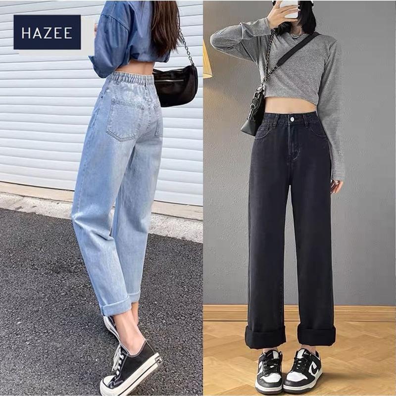 Quần Jean Nữ Cạp Cao Ống Suông HAZEE kết hợp lưng thun 1 cúc khóa đồng quần jean baggy nữ co giãn cao cấp Thanh lịch Button Women Ong Lưng Cao