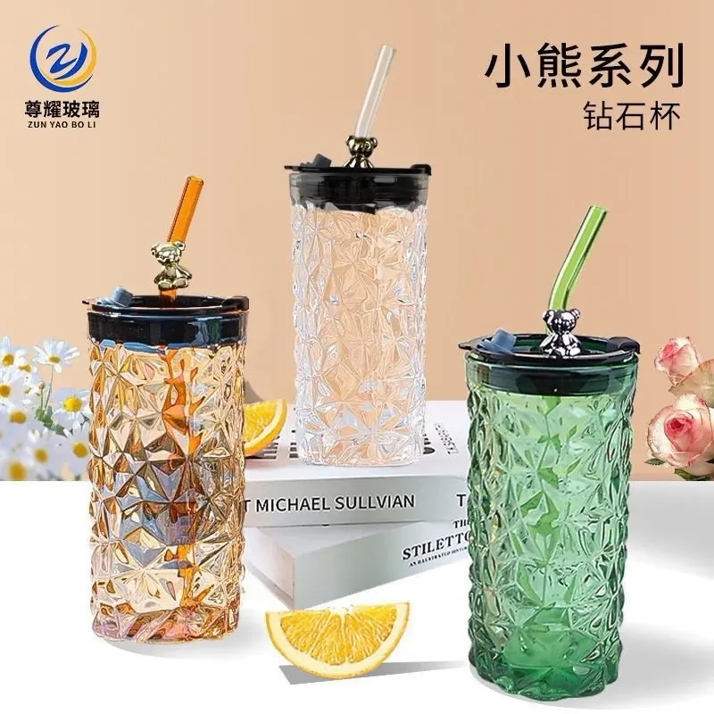Ly thuỷ tinh nắp hình gấu kèm ống hút 400ml bình  nước cốc thủy tinh có nắp