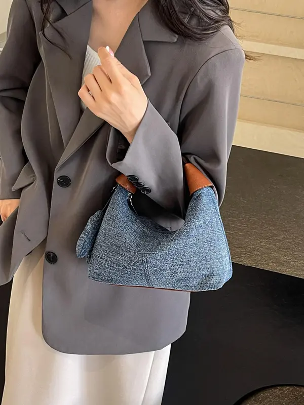 Women's Elegant Colorblock Denim Effect Design Crossbody Bag, Fashionable Zipper Shoulder Bag for Daily Used, Casual Trendy Versatile High-quality Daily Commuting Bag 7