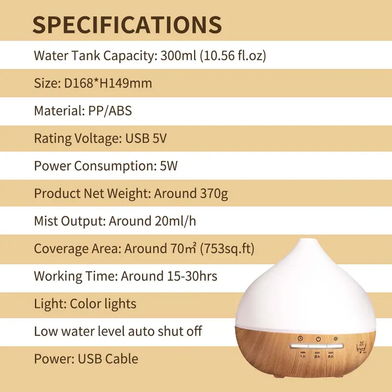 300ML Aroma Diffuser, Essential Oil Humidifier with Wood Grain Design, USB Powered Aromatherapy Diffuser, Home Humidifier for Bedroom, Office, Living Room 8