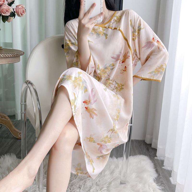 Váy Ngủ Nữ, Phong Cách Trung Quốc Mới, Chất Liệu Lụa Cotton, Tay Lửng, Mỏng Và Thường Ngày, Dáng Rộng Thích Hợp Mặc Hàng Ngày, Đồ Ngủ, Đồ Mặc Nhà, Mùa Xuân Và Mùa Hè Dress Đầm Ngủ Khuy 1