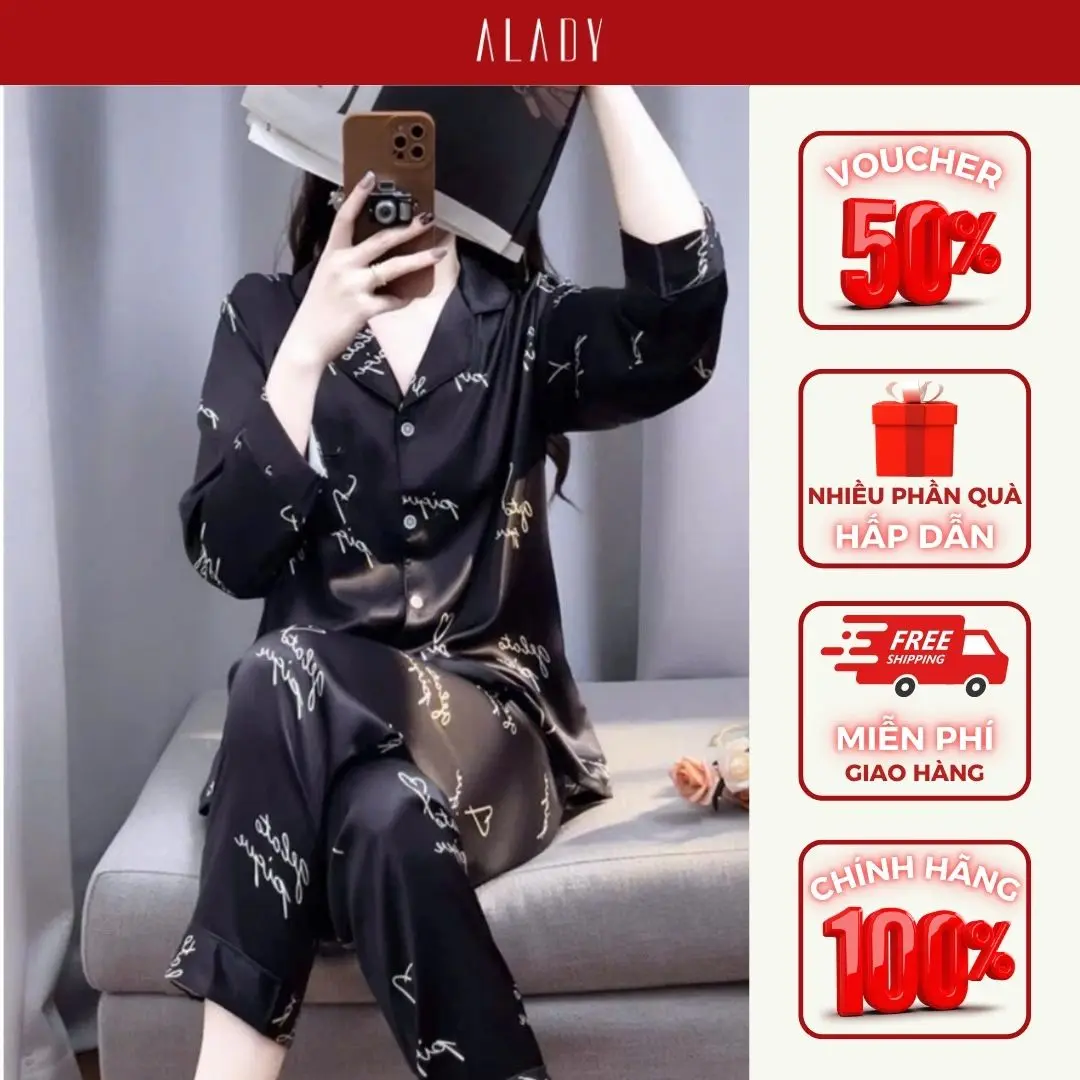 Đồ nữ Pijama ALADY lụa Latin cao cấp, màu đen sang trọng họa tiết chữ trái tim tay dài - TD081