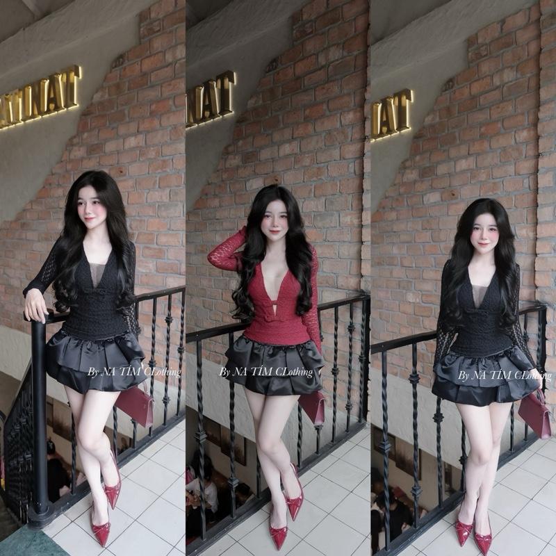 Set Áo Ren Tay Dài Cổ Tim + Chân Váy Xếp Phồng Tafta Đi Chơi, Dự Tiệc, Kara • NA TÍM Clothing