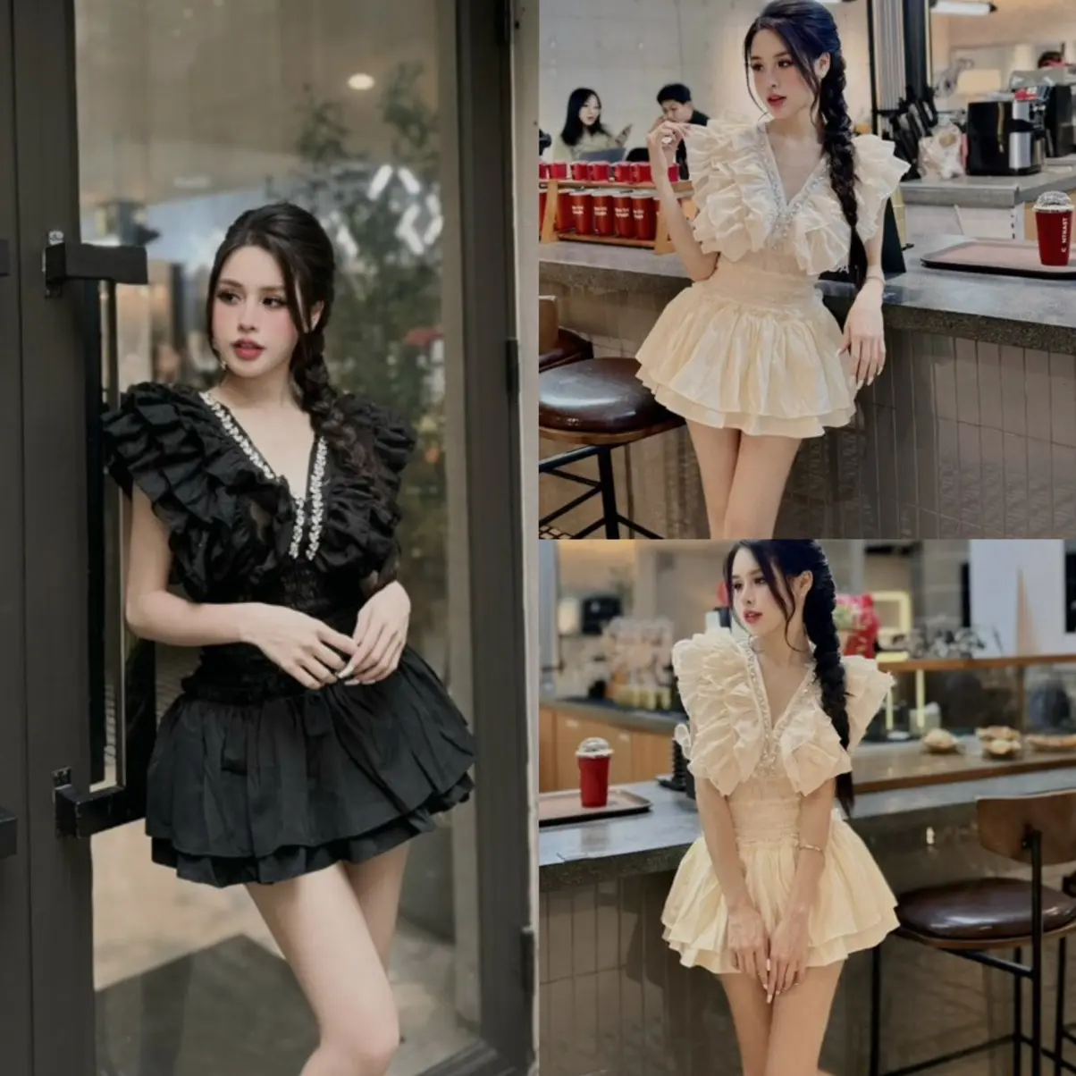 Set áo cổ V đính đá bo eo chân váy tầng xoè Kem, Đen Khánh Thư Women Nữ Top - Nữ