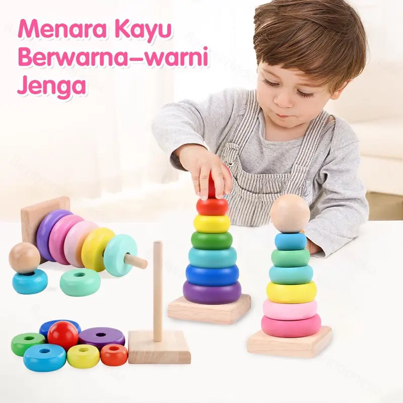 Rainbow Tower Puzzle Kayu Donat 6 Susun mainan edukasi anak | Mainan Anak Ring Donat Kayu Susun Rainbow Unisex  | Mainan Edukasi Anak Menara Pelangi | Puzzle Tower Donut Balok Susun Wooden Toys Kids (BIC)
