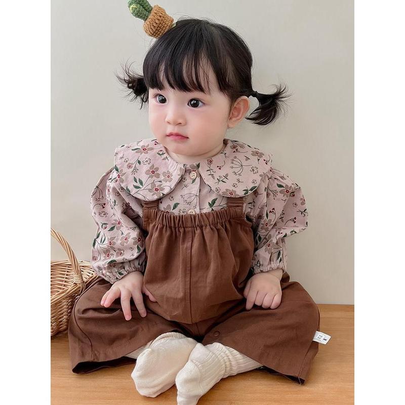 Quần Áo Phong Cách Hàn Quốc Cho Trẻ Sơ Sinh, Bộ Sưu Tập 2024, Bộ Đồ Mùa Xuân Và Mùa Thu, Áo Hoa Thời Trang Cho Em Bé Gái, Quần Có Dây Đeo Bộ Hai Mảnh Áo Liền Quần Cho Em Bé