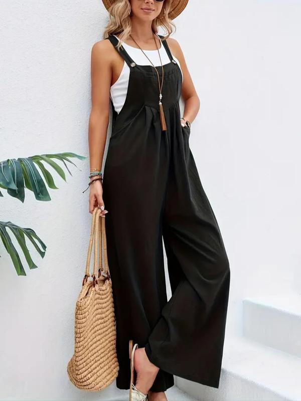 Women's Plain Plicated Button Wide Leg Overall Jumpsuit without Tank Top, Casual Square Neck Sleeveless Pocket Overall Jumpsuit for Summer, Jumpsuit for Women, Playsuit for Women, Summer Outfits 2024 2