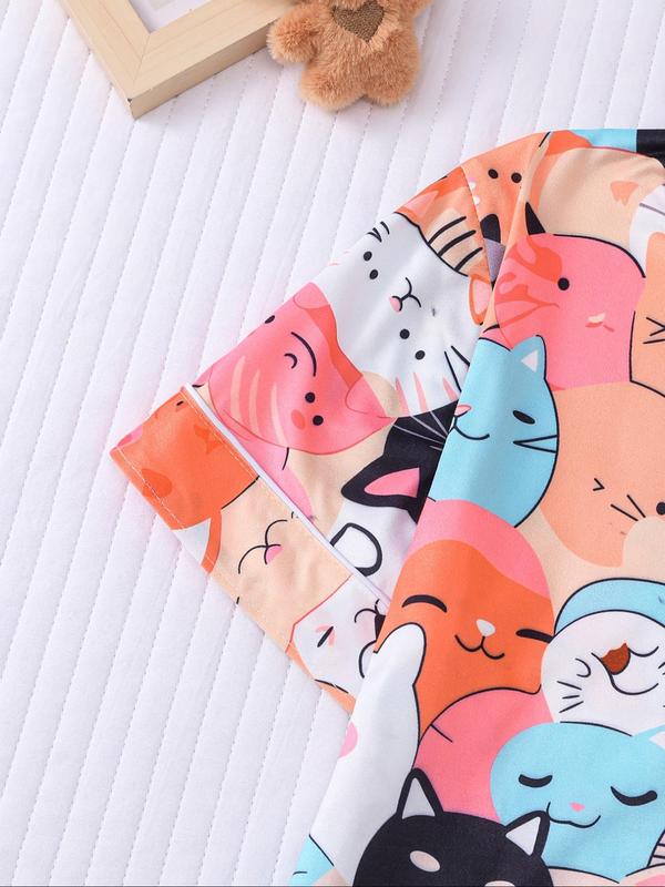 Girl's Cartoon Cat Print Lapel Neck Shirt & Shorts Two-piece Pajamas Set, Cute Casual Short Sleeve Top & Shorts, Kids Sleepwear for All Seasons 3