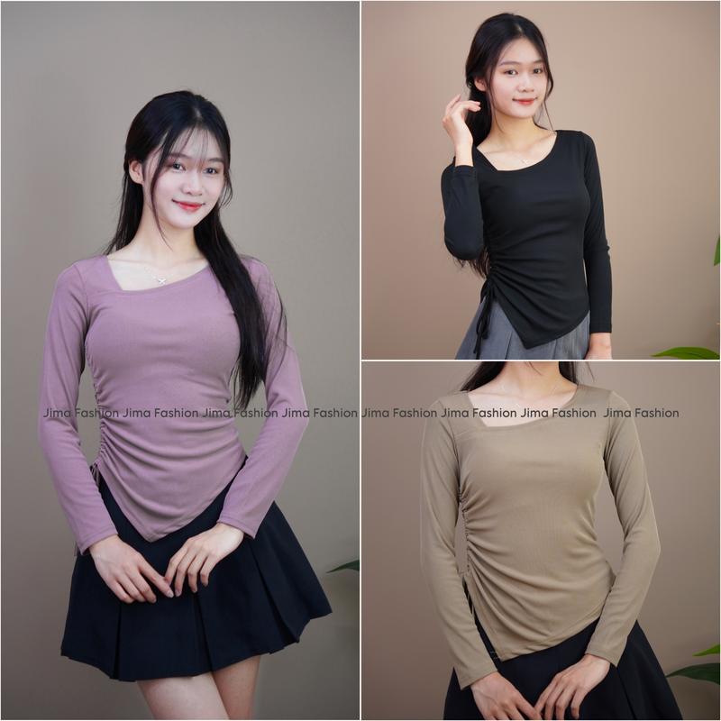 Áo nữ dài tay nhún eo mix dây rút, cổ lệch giọt lệ chất thun tăm hàn cho nữ Jima 222 - áo kiểu nữ, áo phông nữ xinh hot 2025, áo thun ôm body nữ