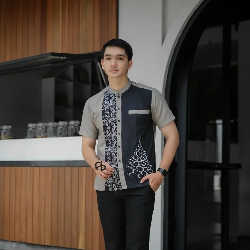 BAJU KOKO PRIA DEWASA LENGAN PENDEK TERBARU KOMBINASI BATIK Muslim Katun Motif Hitam Kurta Panjang