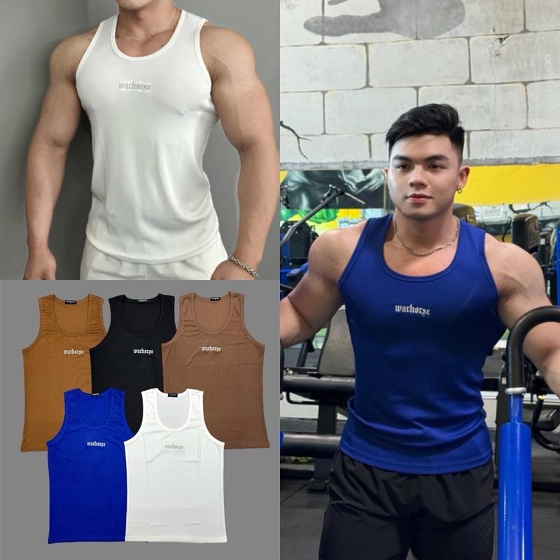 Áo ba lỗ thun gân WH logo thêu,áo tank top gym nam thể thao.