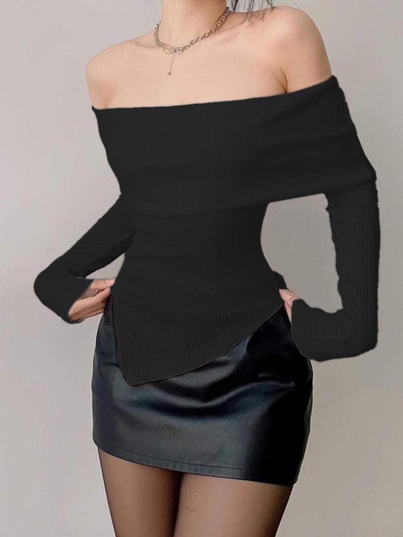 Product Introduction of Women's Off Shoulder Asymmetrical Hem Tee, Summer Clothes, Casual Solid Long Sleeve T-Shirt for Spring & Fall, Ladies Clothes for Daily Wear 12