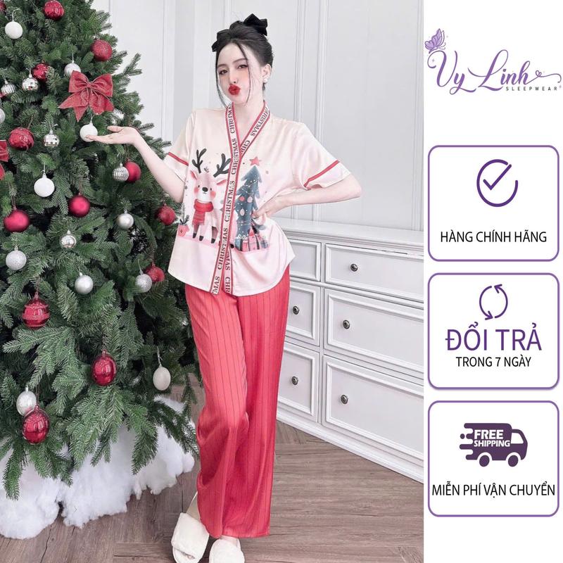 Bộ Đồ Ngủ Quần Dài Cổ Y Dành Cho Nữ Hoạ Tiết Noel Chất Liệu VảI Lụa Latin Cao Cấp S1080 Noel Lịch bộ ngủ