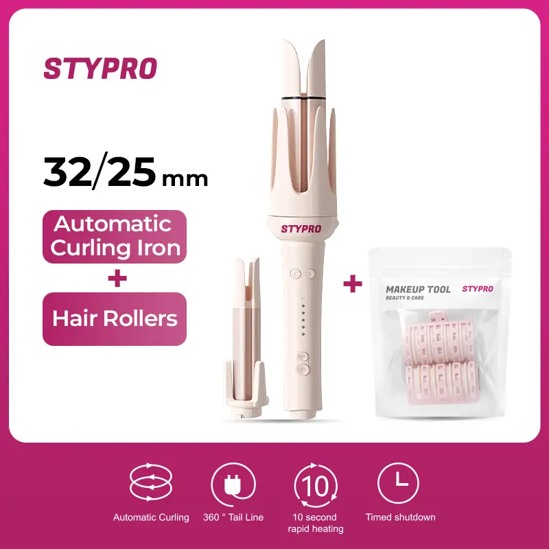 STYPRO Multi In One Automatic Curling Iron Pink 25mm+32mm + Professional Hair Roller| Merah Curly Catokan Keriting Otomatis Hair Styler | Make Up Tool Roll Rambut Velcro Besar Poni  Penger