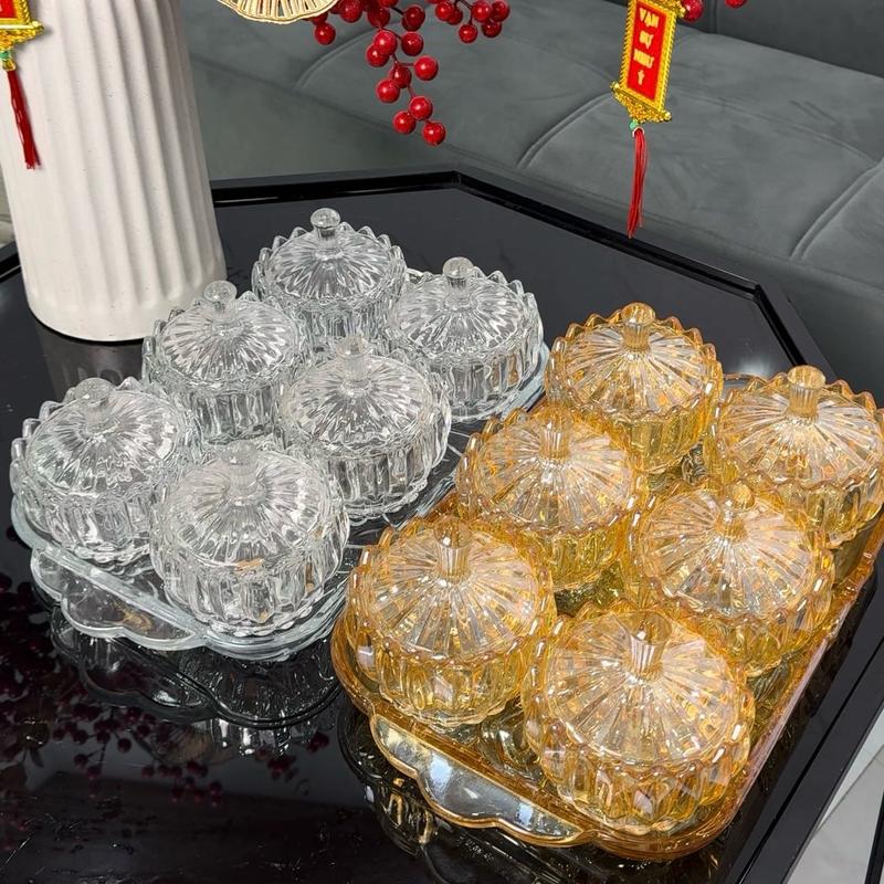 TẾT Combo 6 hũ thuỷ tinh pha lê kèm khay thuỷ tinh cao cấp đựng mứt bánh kẹo hạt decor Tết lịch sự sang trọng