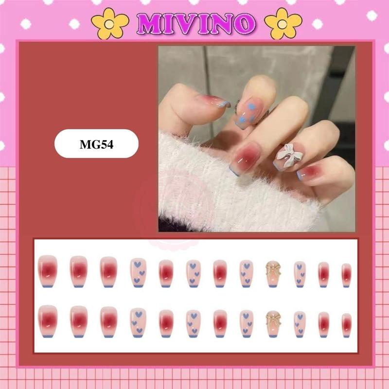 Móng tay giả Mivino hộp 24 nail giả dài đính nơ màu hồng họa tiết trái tim viền xanh nhẹ nhàng MG54