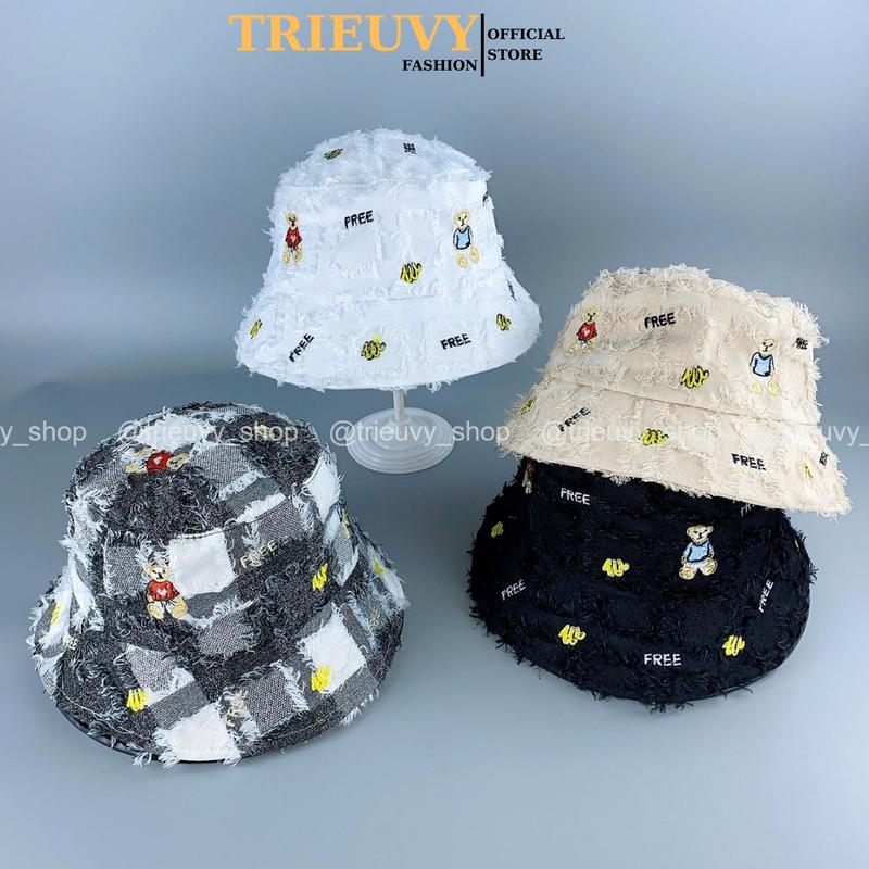 Mũ tai bèo nam nữ Hàn Quốc vá sọc caro Gấu Free, nón chống nắng vành tròn chất vải thoáng mát mềm - TRIEUVY