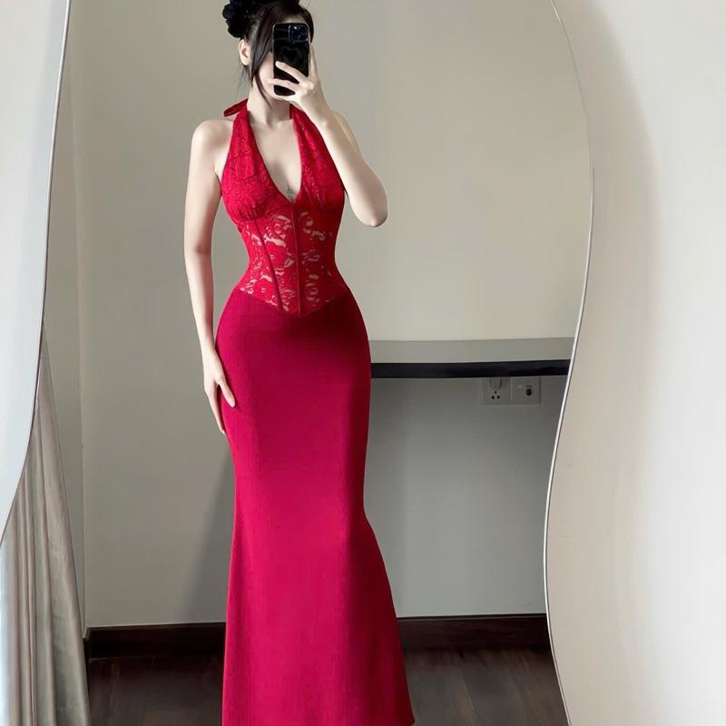 DARLING [L.Studio] Đầm dài cổ yếm phối Ren cao cấp SẴN MUSH ngực, thân váy thun đuôi cá tôn dáng 0