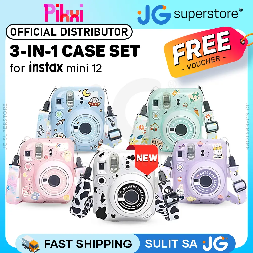 Pikxi 3-in-1 Transparent Glitter Instant Camera Case for FUJIFILM Instax Mini 12 Film Cameras with Cartoon Patch Sticker Set and Body Strap - Available in Blossom Pink, Pastel Blue, Clay White, Lilac Purple, and Mint Green Color | JG Superstore