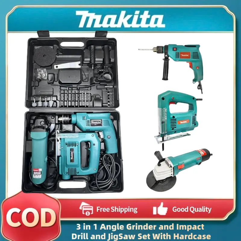 Makita 3 in 1 Angle Grinder and Impact Drill and JigSaw Set With Hardcase Barina and Grinder Set