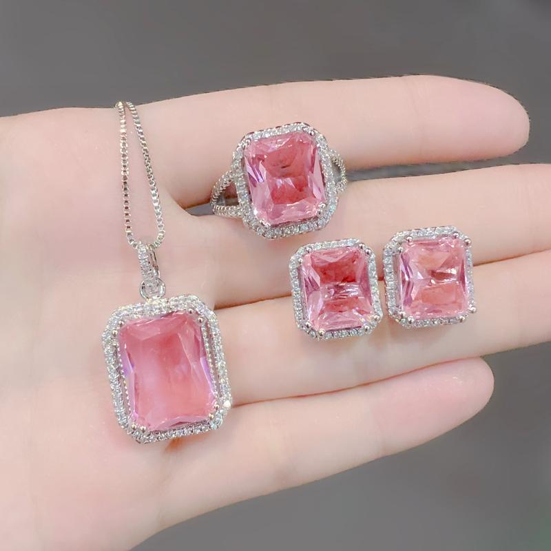 Product Introduction of Tik Tok Live Stream Rectangular Diamond Colored Gems Eardrops Stud Earrings Ring Hot Sale Square Pink Yellow Diamond Crystal Jewelry Suit sakuya  keychain gantungan  kunci bus  stop ganesha  keychain sonny  angel 2