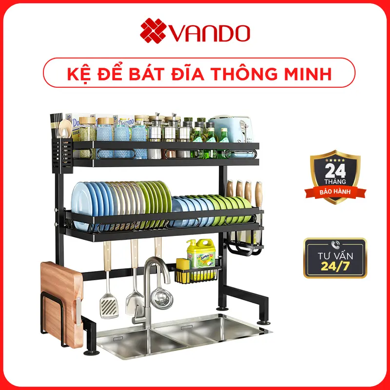 Kệ Để Chén Đĩa Thông Minh chính hãng Vando Trên Bồn Rửa Bát Sơn Đen Cao Cấp Kitchen tudung chenbat 0