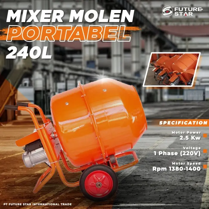 MIXER MOLEN DORONG MESIN PENGADUK SEMEN CONCRETE PORTABLE 240 LITER