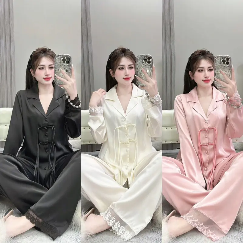 (Nút Thắt Trơn) Bộ Ngủ Nữ Lụa Latin Pyjama Trơn Ren Nút Thắt Vải Mềm Mịn Mát( Dưới 1m70)