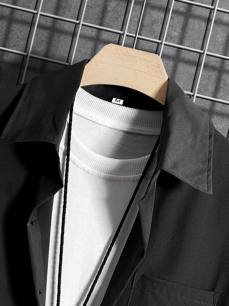 Product Introduction of 2 Counts Men's Plain Co-ord Set, Regular Fit Basic Button Front Shirt & Drawstring Shorts, Summer Outfits for Men 18