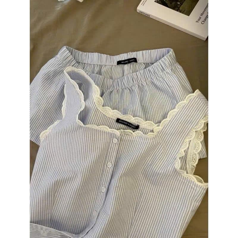 Quần áo ngủ áo hai dây to phối viền kẻ sọc xanh trắng mát mẻ phù hợp cho nữ mùa hè HH138