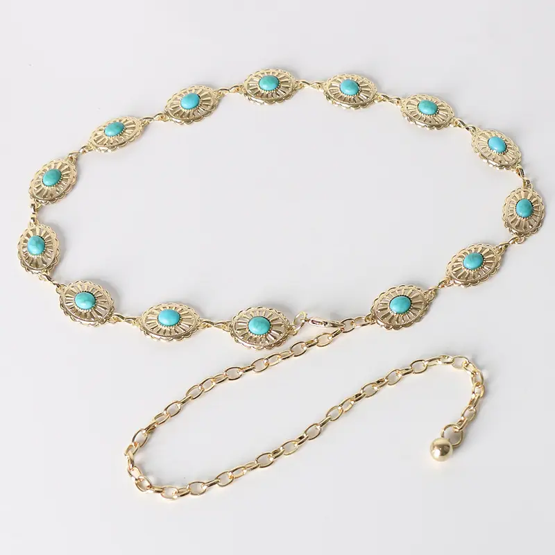 Retro Fashion Turquoise Metal Waist Chain Women's Dress All-Matching Decorative Chain Belt Bohemian Accessories 2