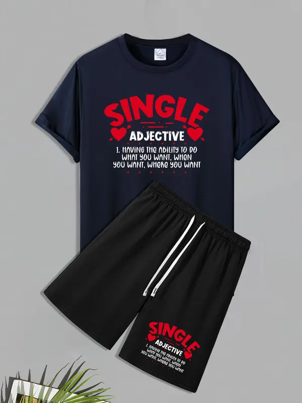 Men's Letter Print Short Sleeve Tee & Shorts Set, Regular Fit Round Neck T-shirt & Shorts, Casual Top & Bottoms for Summer Outdoor 4