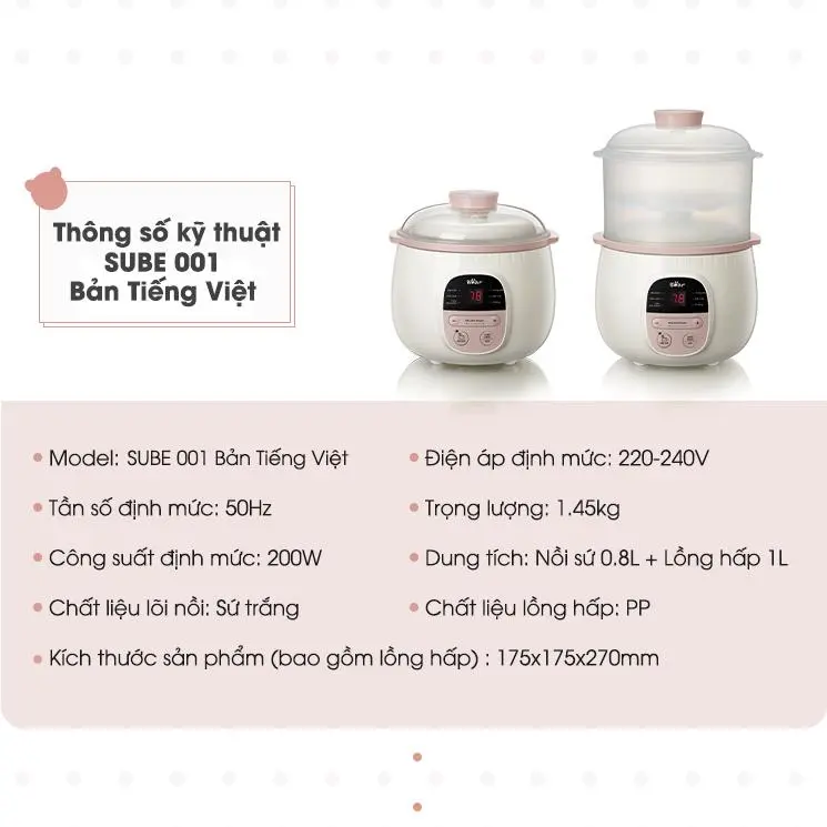 [Tặng Cẩm nang ăn dặm] Nồi Nấu Cháo Chậm BEAR Nồi Nấu Chậm, Nồi Điện Đa Năng, Nồi Nấu Đa Năng, Nồi Nấu Cháo Cho Bé Ăn Dặm, Nồi Chưng Yến Hầm Canh Nấu Chè Kho Cá Tiết Kiệm Thời Gian Giữ Nguyên Chất Dinh Dưỡng SUBE001 8