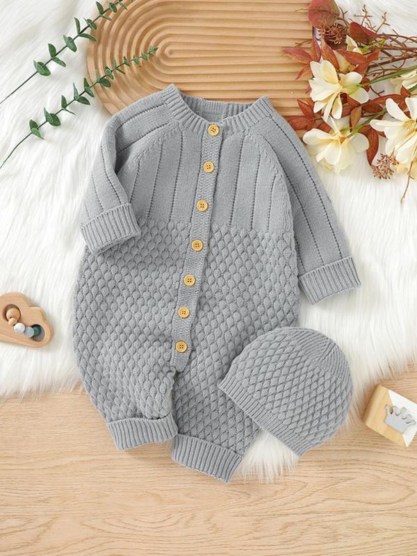 Baby's Solid Long Sleeve Button Front Sweater Onesie & Beanie Hat, Cute Raglan Sleeve Round Neck One-piece Knitwear Set, Newborn Infant Kid's Fall & Winter Clothes, Two Piece Set Winter Co Ord Sets, Baby Clothes, Baby Clothing Winter 5