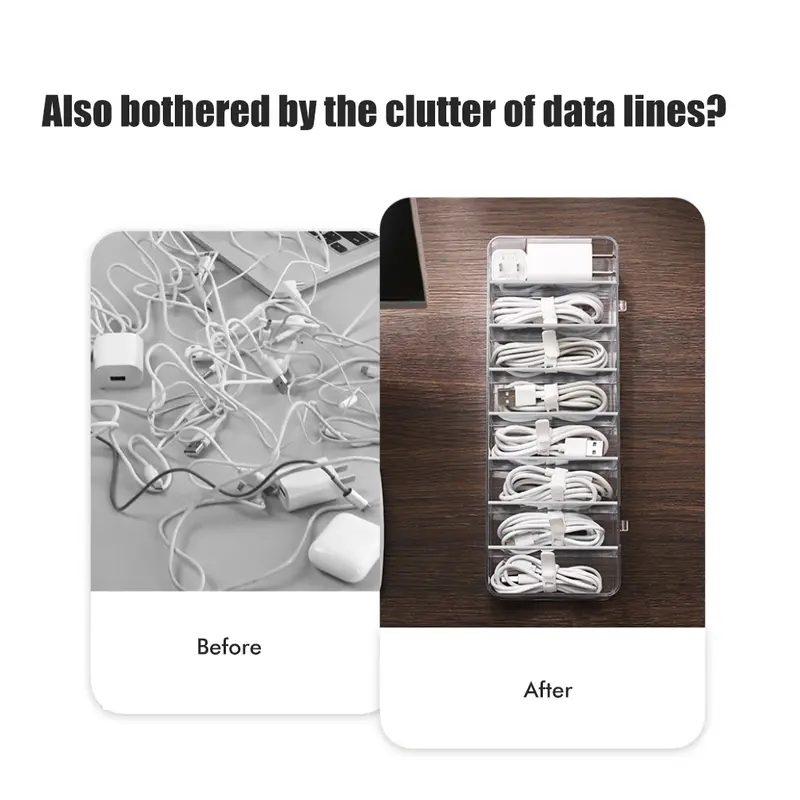 8 Grids Clear Plastic Cable Storage Box Data Cable Storage Container Save Space Cable Management Box for Storing Earrings Rings and Data Cables 8