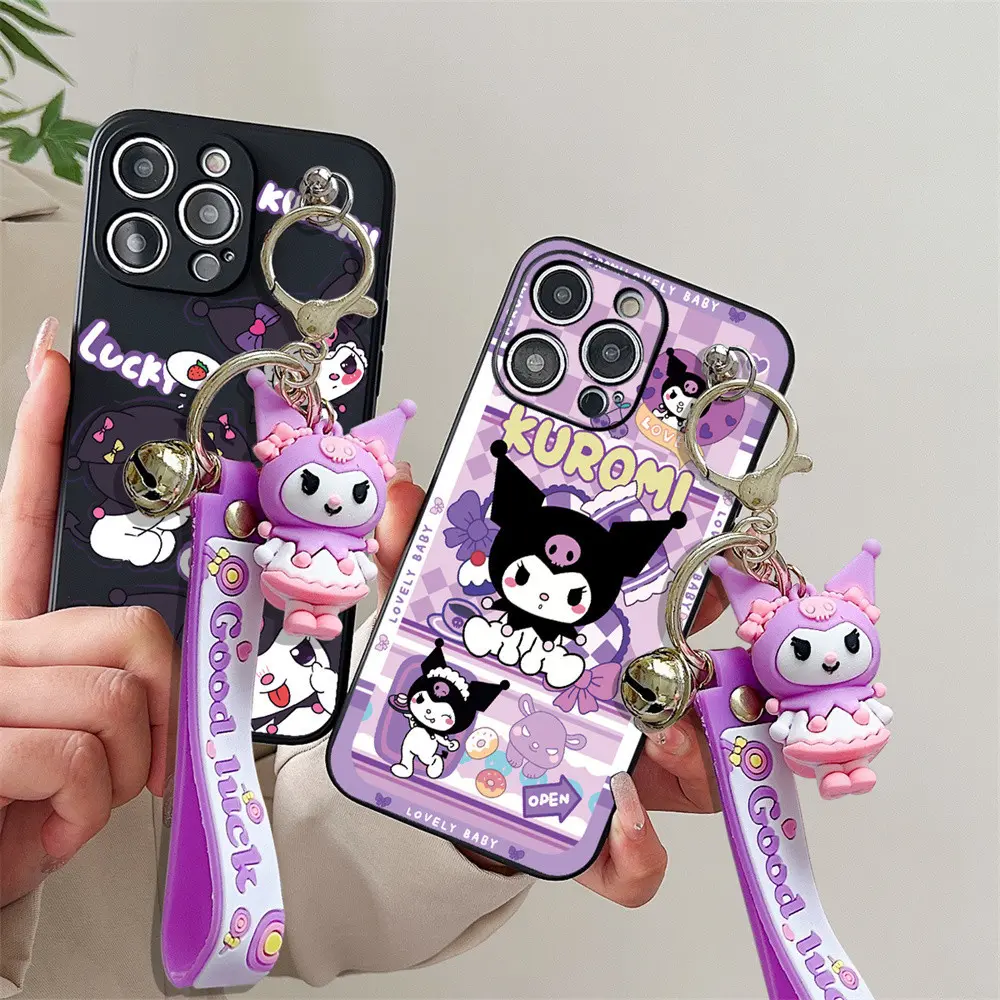 3D Cartoon Kuromi Toy Pendant Wrist Strap Phone Case For Samsung Galaxy S24 S23 S22 S21 S20 FE S10 S8 S9 Plus Ultra Casing Soft Silicone Cover