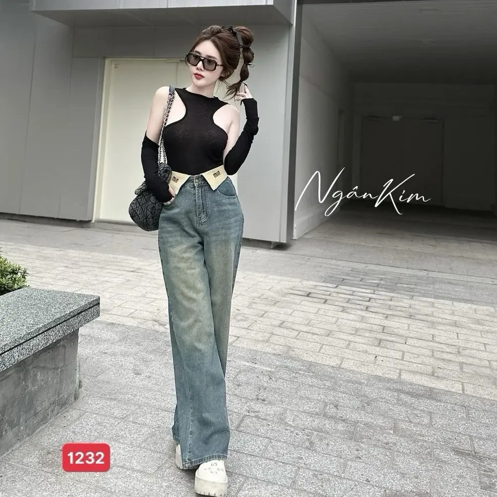 Quần jeans dài nữ lưng cao lật lai kiểu loa suông TS1232 ko co giãn sz: S M L XL