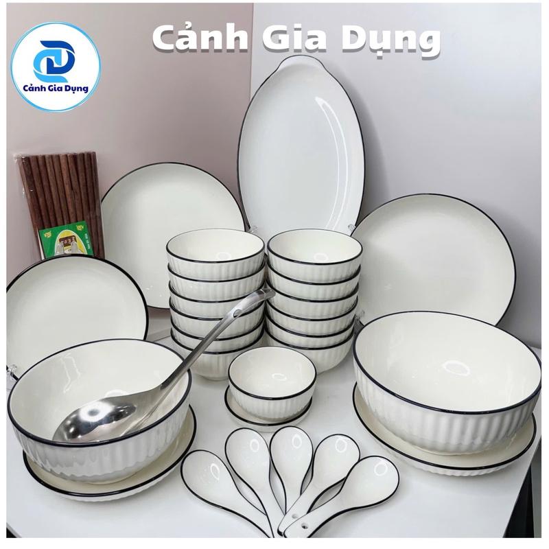 Bộ bát trắng viền đen 29 món( 22 món sứ+ 7 món quà tặng)gốm sứ cao cấp loại 1