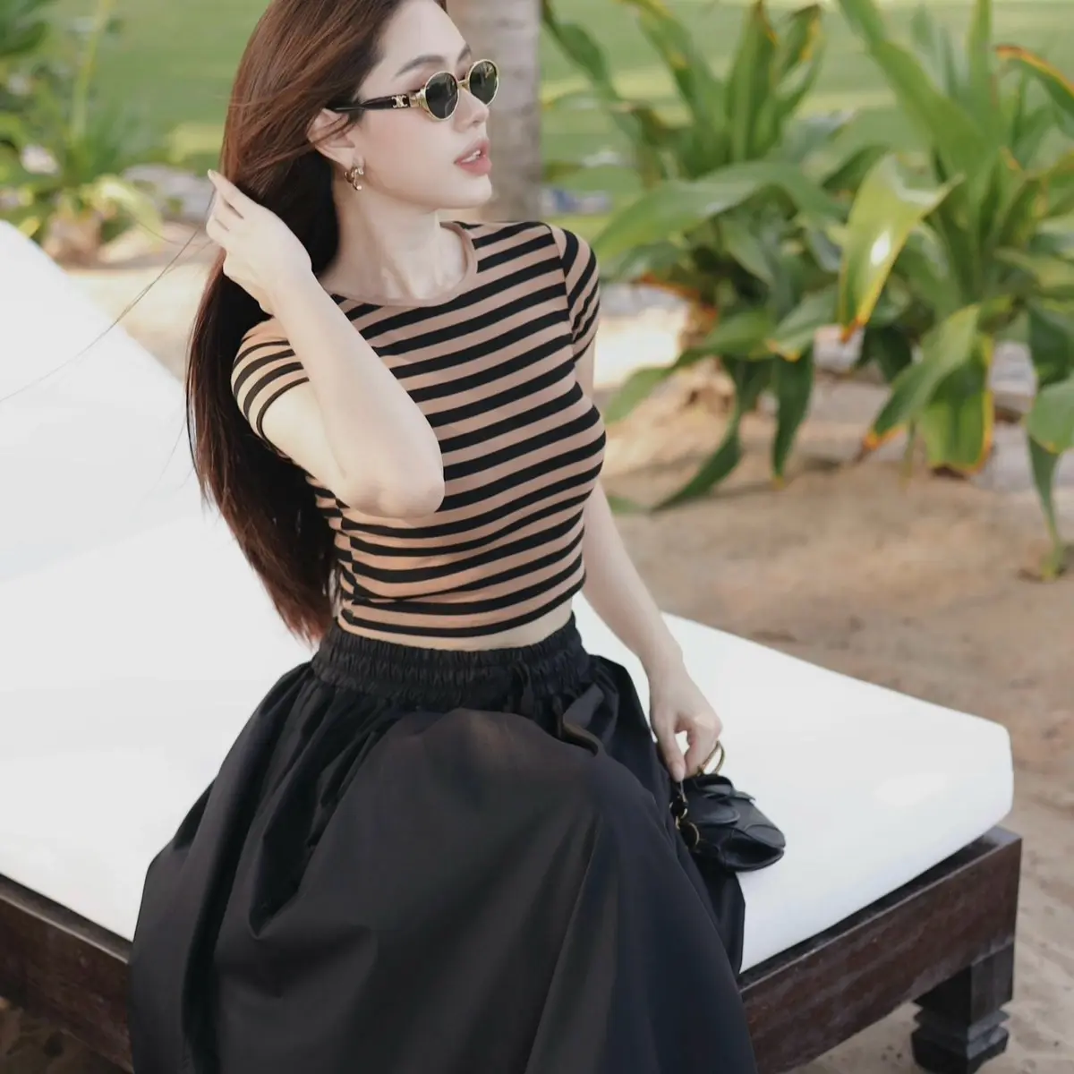 Áo thun sọc Khanhanclothing cho nữ cổ tròn