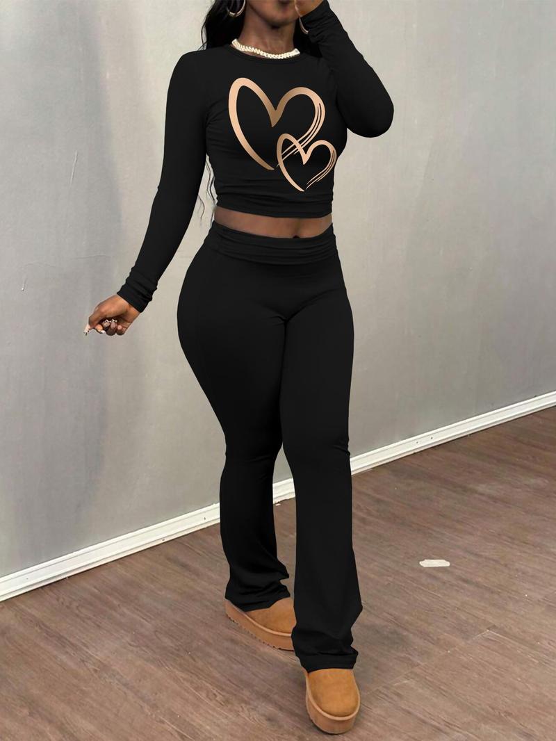 Product Introduction of Women's Heart Print Long Sleeve Crop Tee & Flare Leg Pants Two-piece Set, Casual Fashion Round Neck Top & Bell Bottom Trousers for Daily Outdoor Wear, Women's Clothing for Fall & Winter 4