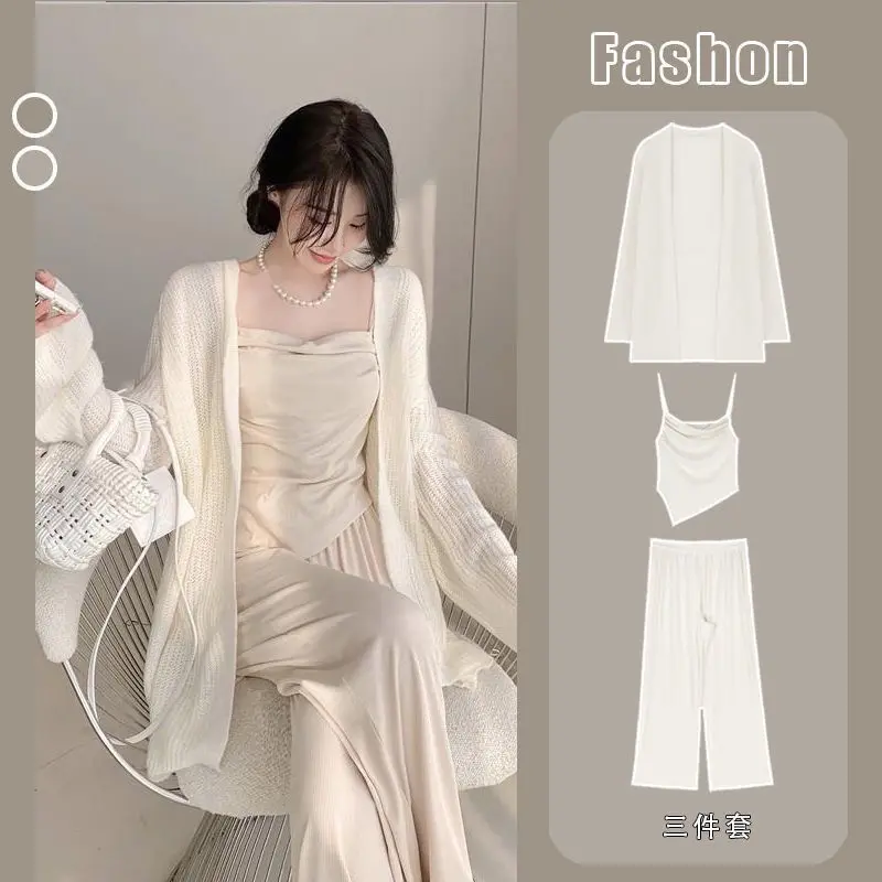 Bộ Đồ Ba Mảnh Cho Nữ, Áo Cardigan Dệt Kim Mới, Áo Khoác Len + Áo Có Dây Đeo + Quần Ống Rộng Cạp Cao, Đầu Thu 2022