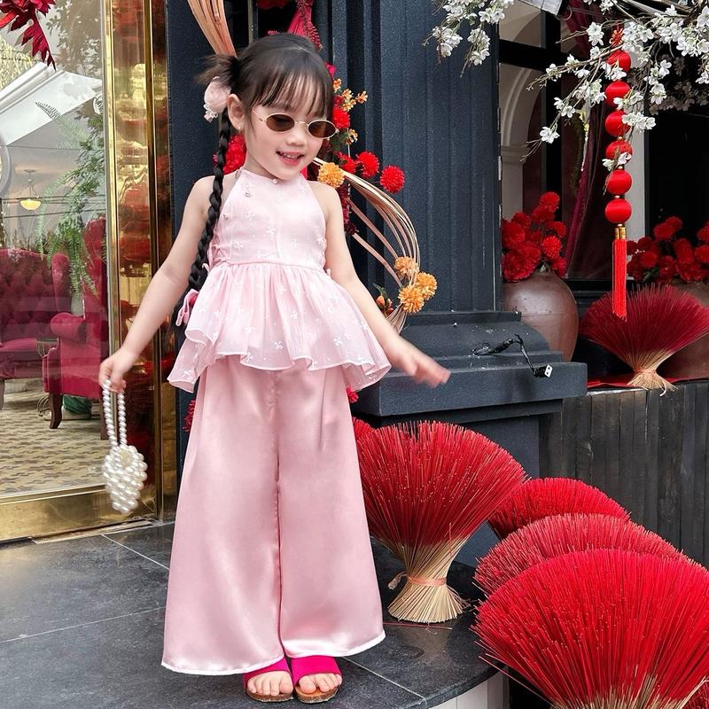 Set Yếm Đào ECHO Design - In Hoạ Tiết 2 Lớp Phối - Áo Vải Tơ & Quần Lụa - Thun Co Giãn mạ Thoải Mái mặc mùa tết và lễ hội cho cả mẹ và bé