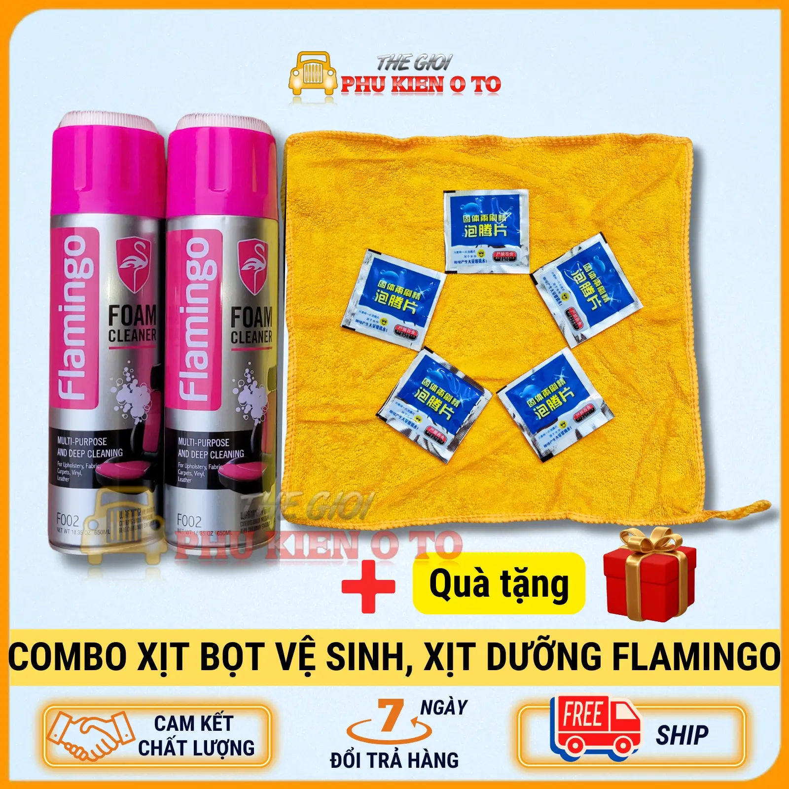 Combo 2 Bình xịt bọt Vệ Sinh Ghế Xe Ô Tô chính hãnġ Flamingo F002 kèm 1 khăn lau 30x30 và 5 viên sủi kính, với khả năng khử mùi tuyệt vời, bảo vệ da sáng bóng