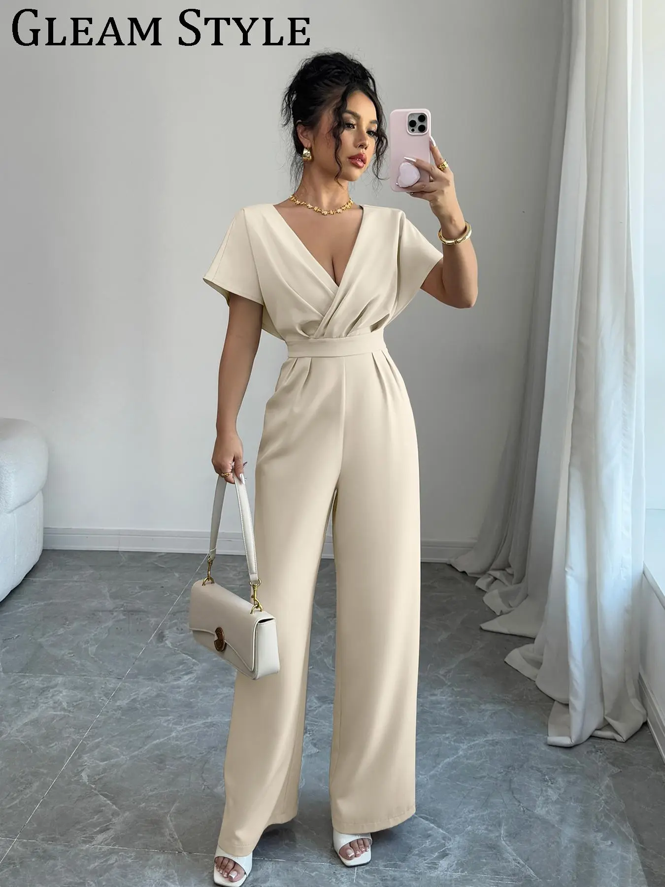 Women's Solid Color   Wide Leg Jumpsuit, Casual Fashion Deep V Neck  Jumpsuit for Daily Wear, Ladies Summer Clothes