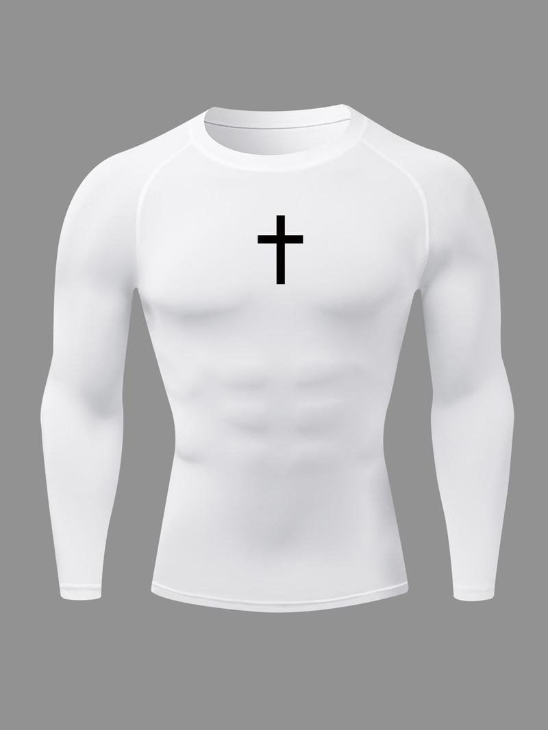Product Introduction of Men's Cross Print Round Neck Sports Tee, Tight Sporty Quick Drying Breathable Long Sleeve T-shirt, Men's Sportswear for Spring & Fall Gym Workout, Graphic Tees, Workout Clothes 10