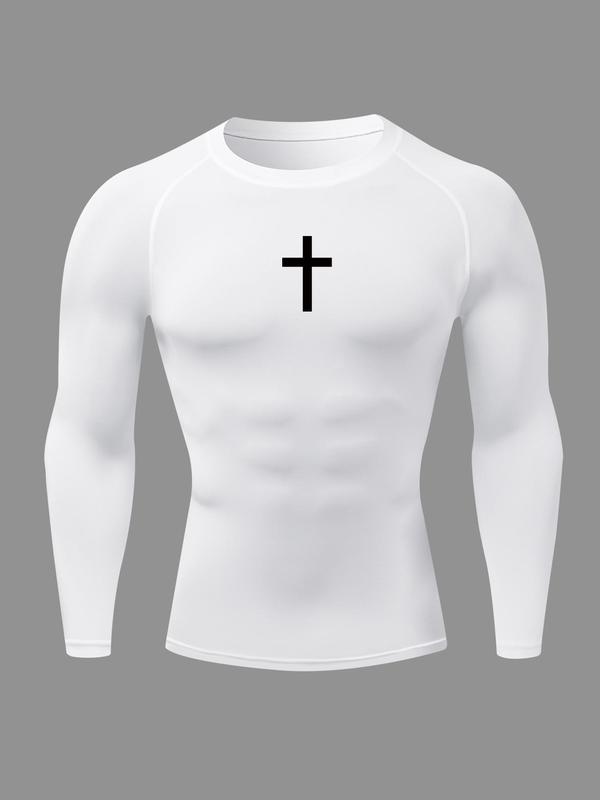Men's Cross Print Round Neck Sports Tee, Tight Sporty Quick Drying Breathable Long Sleeve T-shirt, Men's Sportswear for Spring & Fall Gym Workout, Graphic Tees, Workout Clothes 4