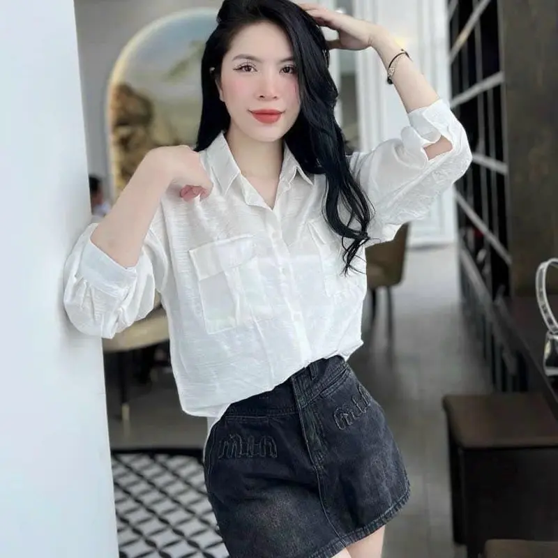 Áo sơ mi nữ tay dài chất tơ rũ mềm mại 2 túi 2 nắp xinh tay phồng nhẹ phom dáng hàn quốc. Women Top Voi Shirt Trắng tím pastel 1
