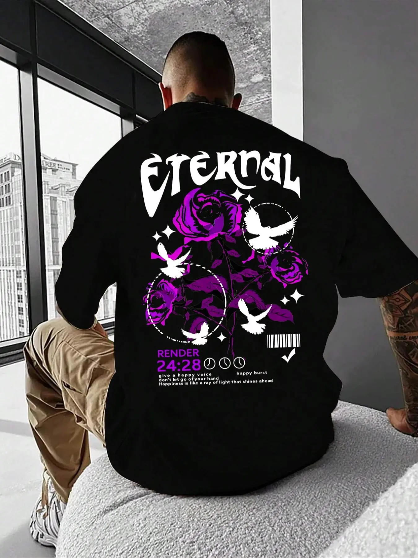Unisex Men's Rose & Letter Print Drop Shoulder Tee, Loose Casual Comfy Figure & Bird Print Half Sleeve Round Neck T-shirt for Summer, Fashion Men's Top for Daily Wear