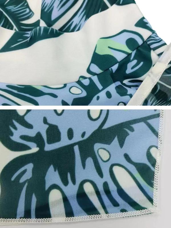Arabic Clothing-Leaf Print Swimsuit Set, Casual Mock Neck Swim Top & Pants & Cover Up Dress & Swim Hat for Summer, 4 Counts Sun Protection Swimwear Set 3